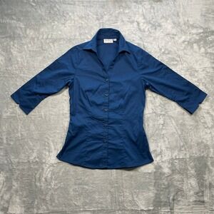 Chef Works Womens Blue 3/4 Sleeve Button Up Shirt Top Size XS Made in Bangladesh